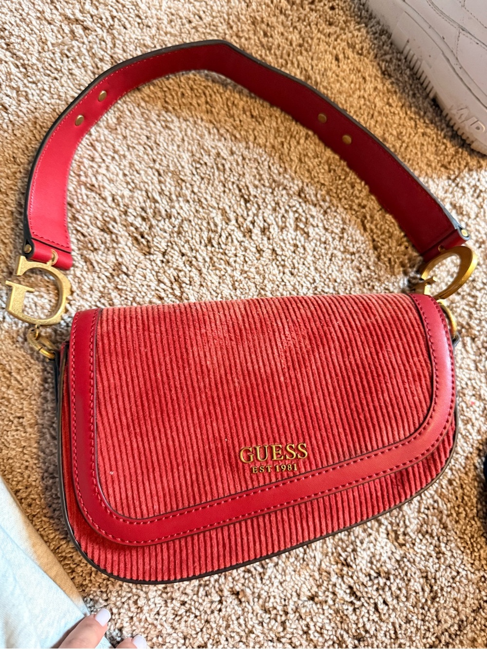 GUESS Red Corduroy Crossbody Saddle Bag with Gold Hardware